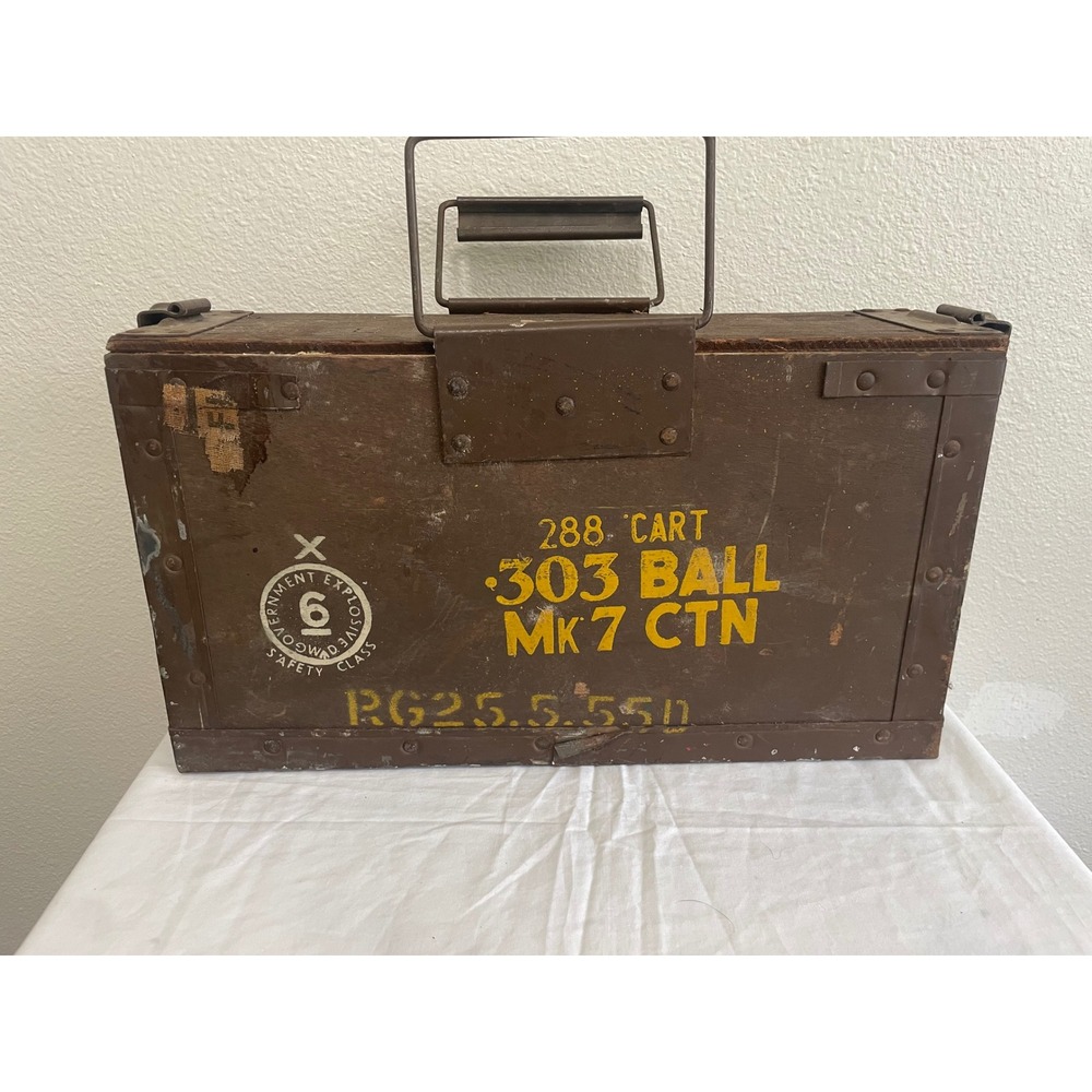 Vintage .303 Ball Mk 7 Ammo Crate Military Wooden Box Brown Fair Stenciled Latch